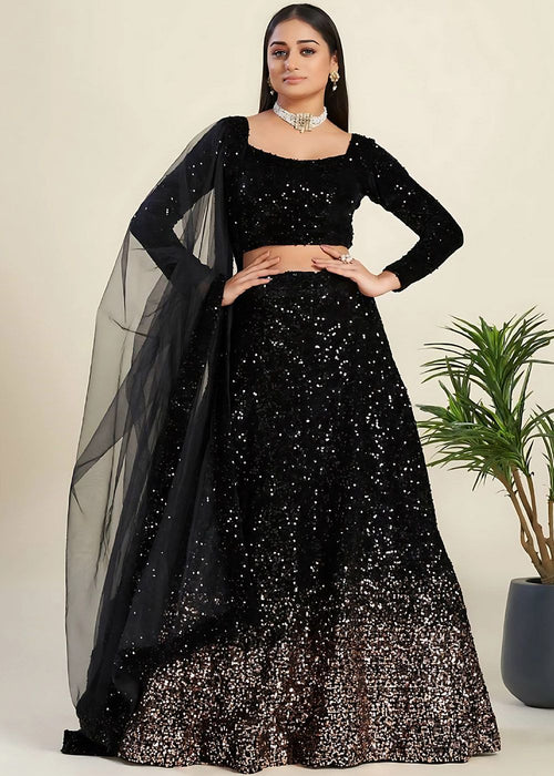 Black Embellished Velvet Lehenga Choli Set