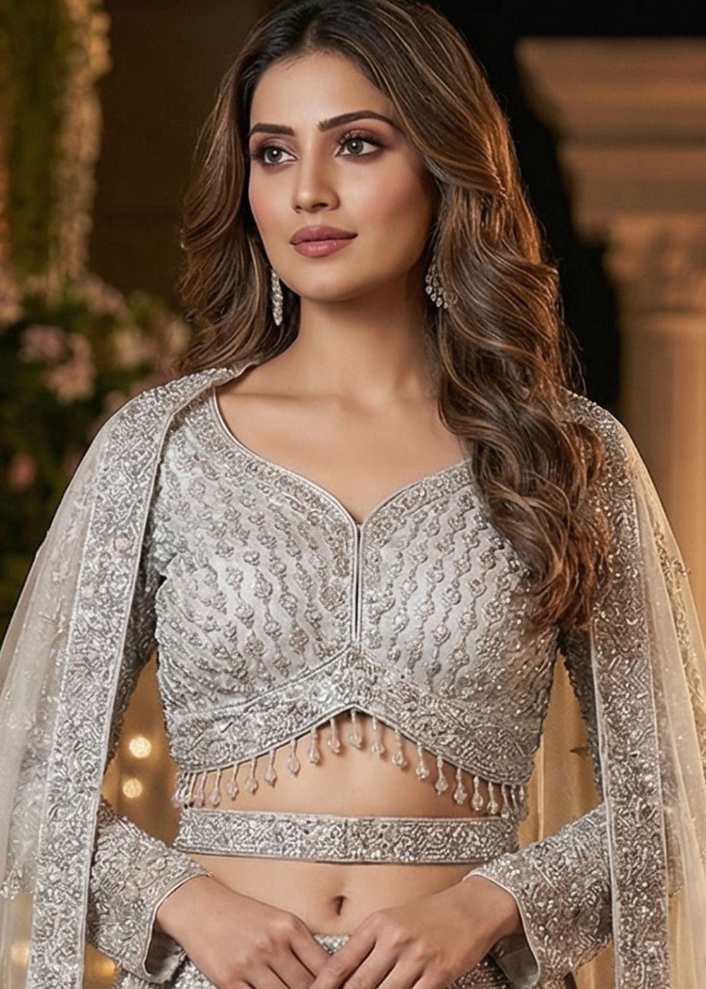 Silver Net Lehenga Choli With HandWork Embroidery