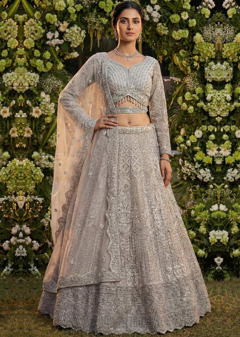 Silver Net Lehenga Choli With HandWork Embroidery