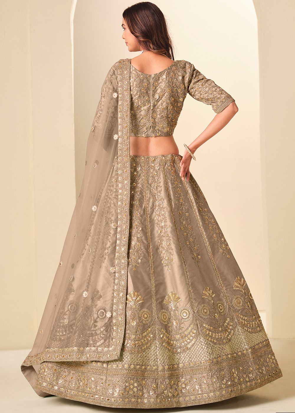 Beige Art Silk Lehenga Choli With Gold Zari Border