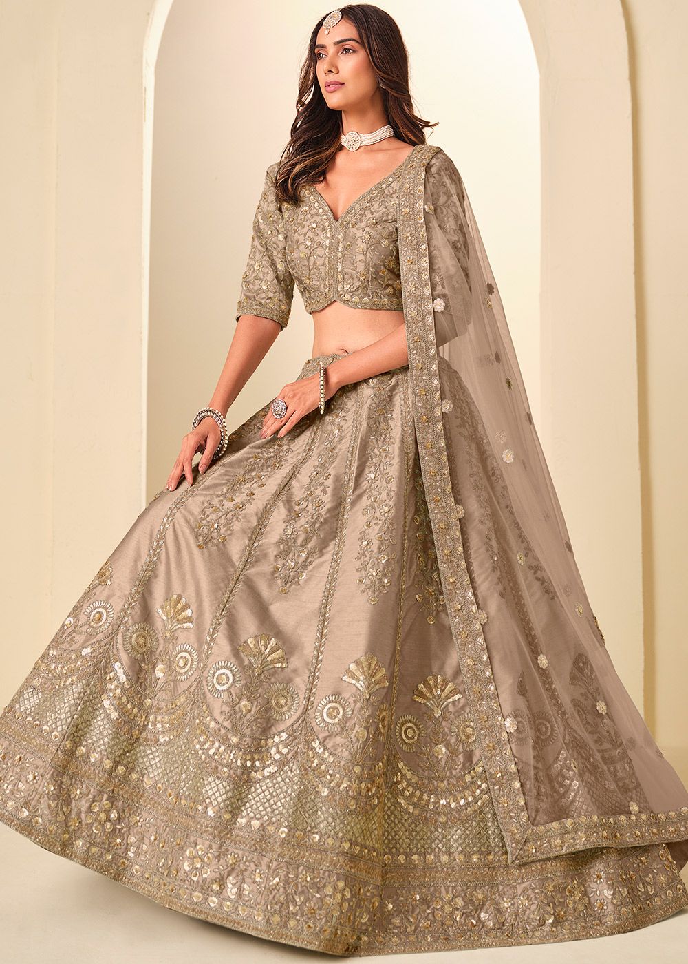 Beige Art Silk Lehenga Choli With Gold Zari Border