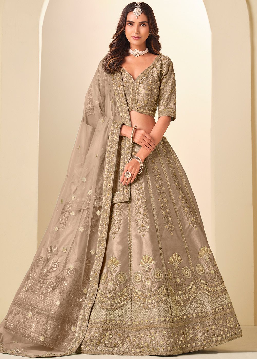 Beige Art Silk Lehenga Choli With Gold Zari Border
