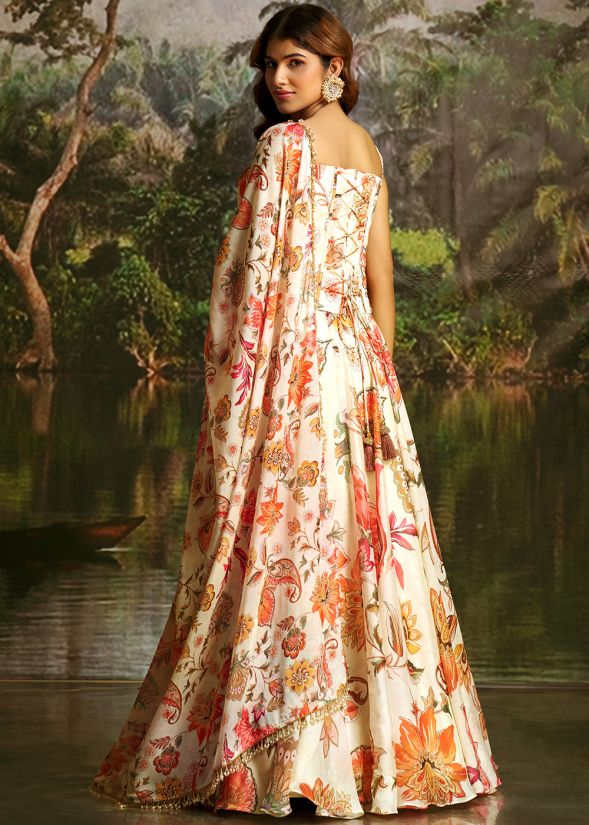 White Georgette Floral Print Lehenga With Corset Choli