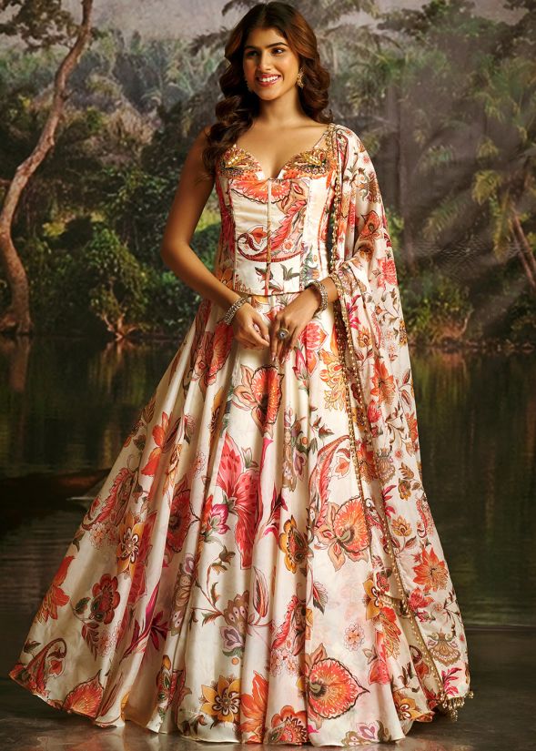 White Georgette Floral Print Lehenga With Corset Choli