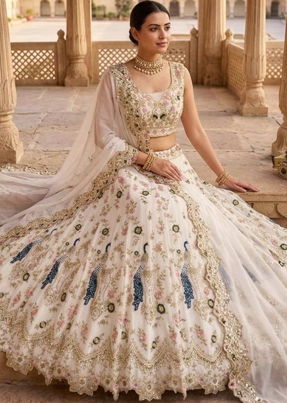 Off White Georgette Lehenga Choli With Zari Embroidery