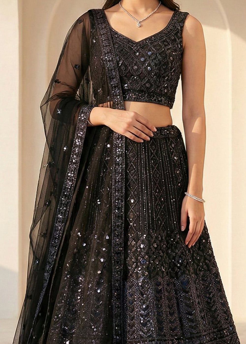 Black Net Lehenga Choli With Sequin Geometry