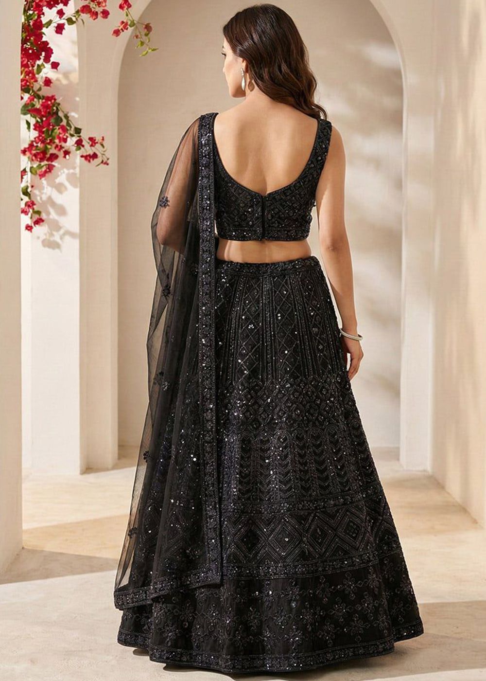 Black Net Lehenga Choli With Sequin Geometry