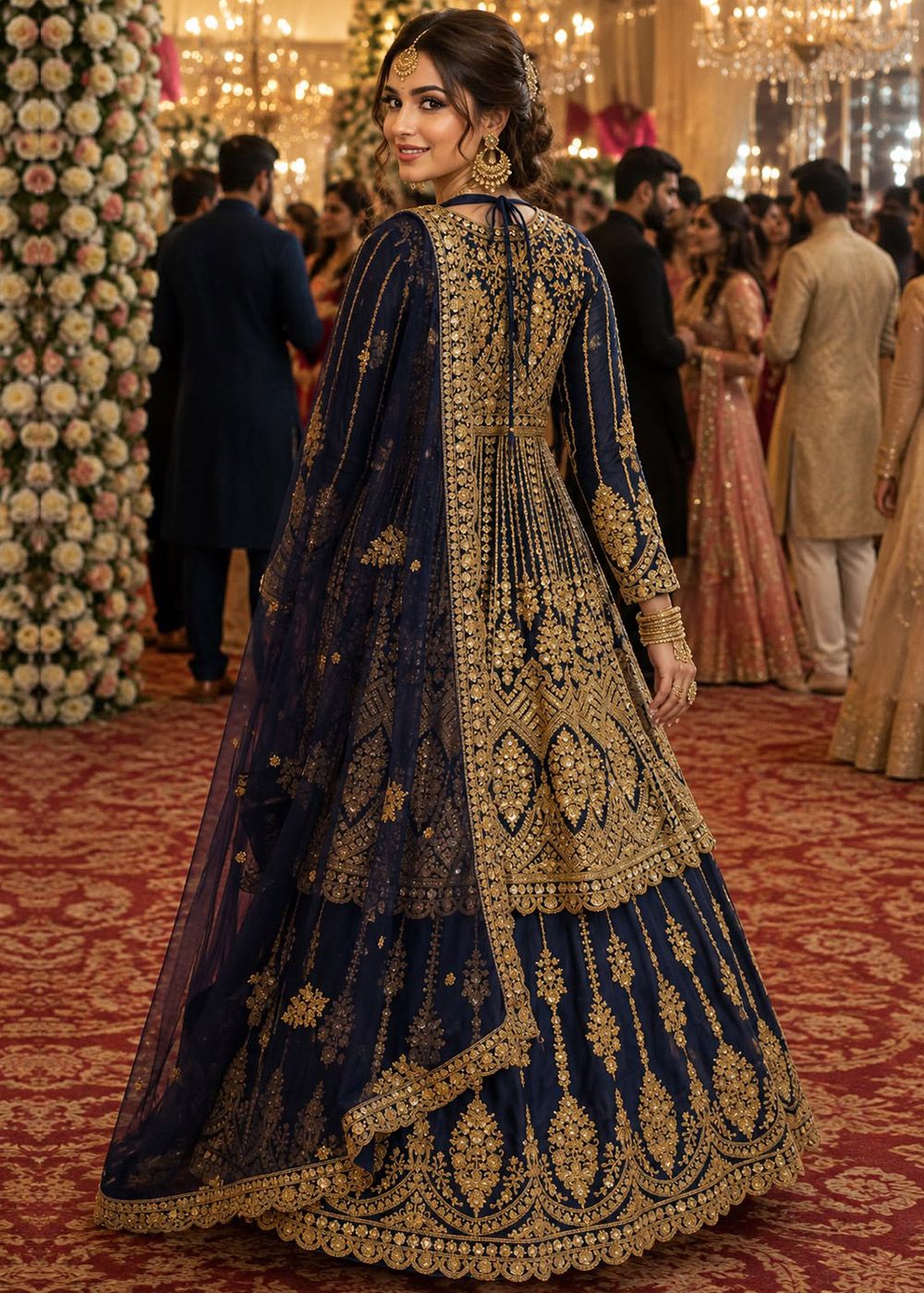 Navy Blue Net Lehenga Kurti With Zari Work