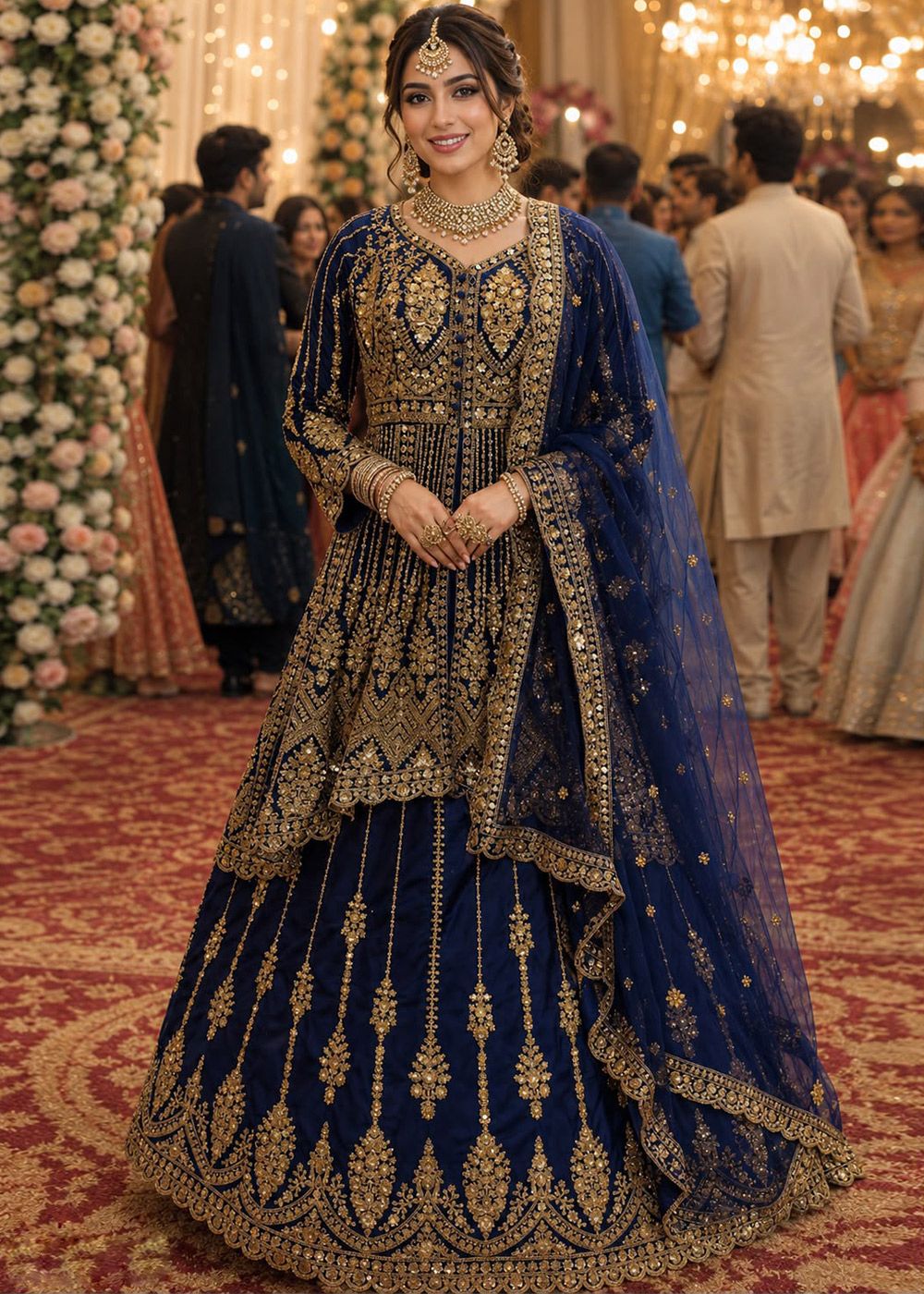 Navy Blue Net Lehenga Kurti With Zari Work