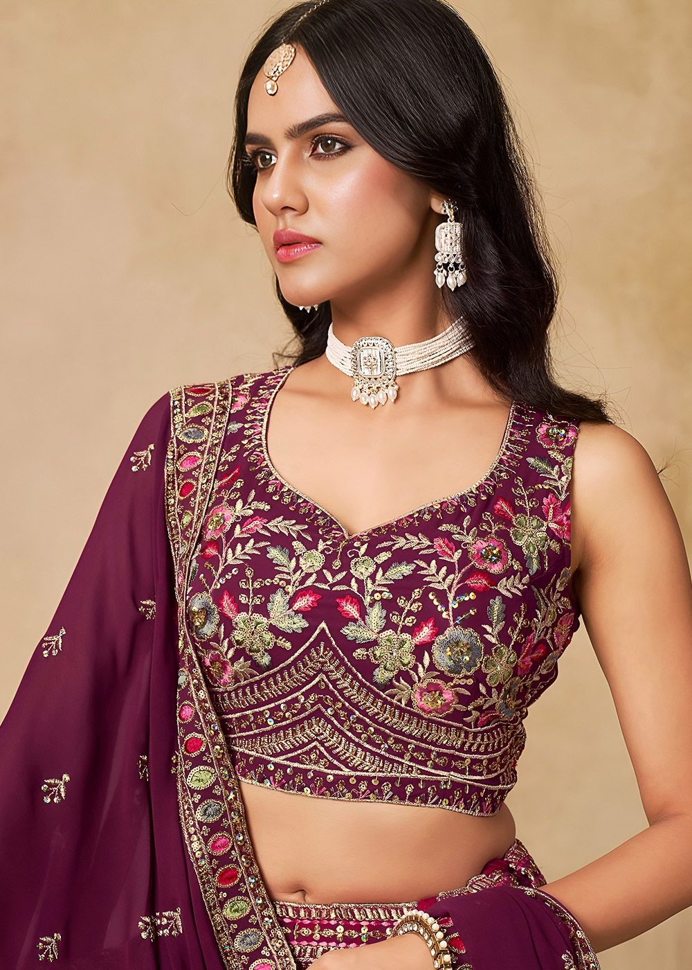 Purple Georgette Lehenga Choli With Embroidered Details