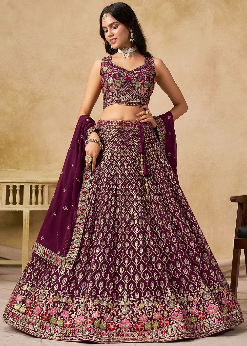 Purple Georgette Lehenga Choli With Embroidered Details