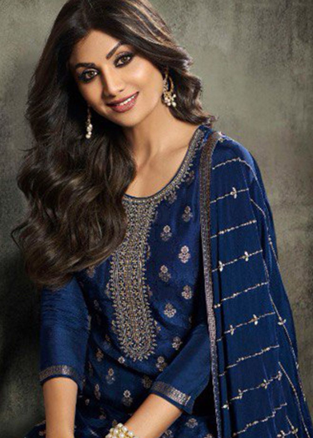Shilpa Shetty Navy Blue Woven Pant Style Suit
