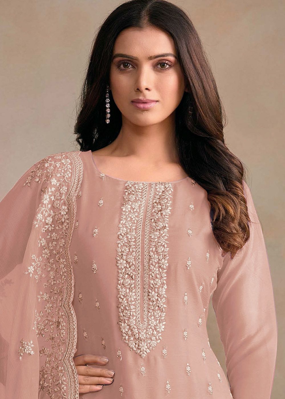 Dusty Pink Embroidered Organza Pant Suit