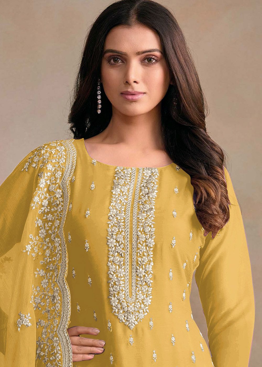 Yellow Embroidered Organza Pant Suit & Dupatta