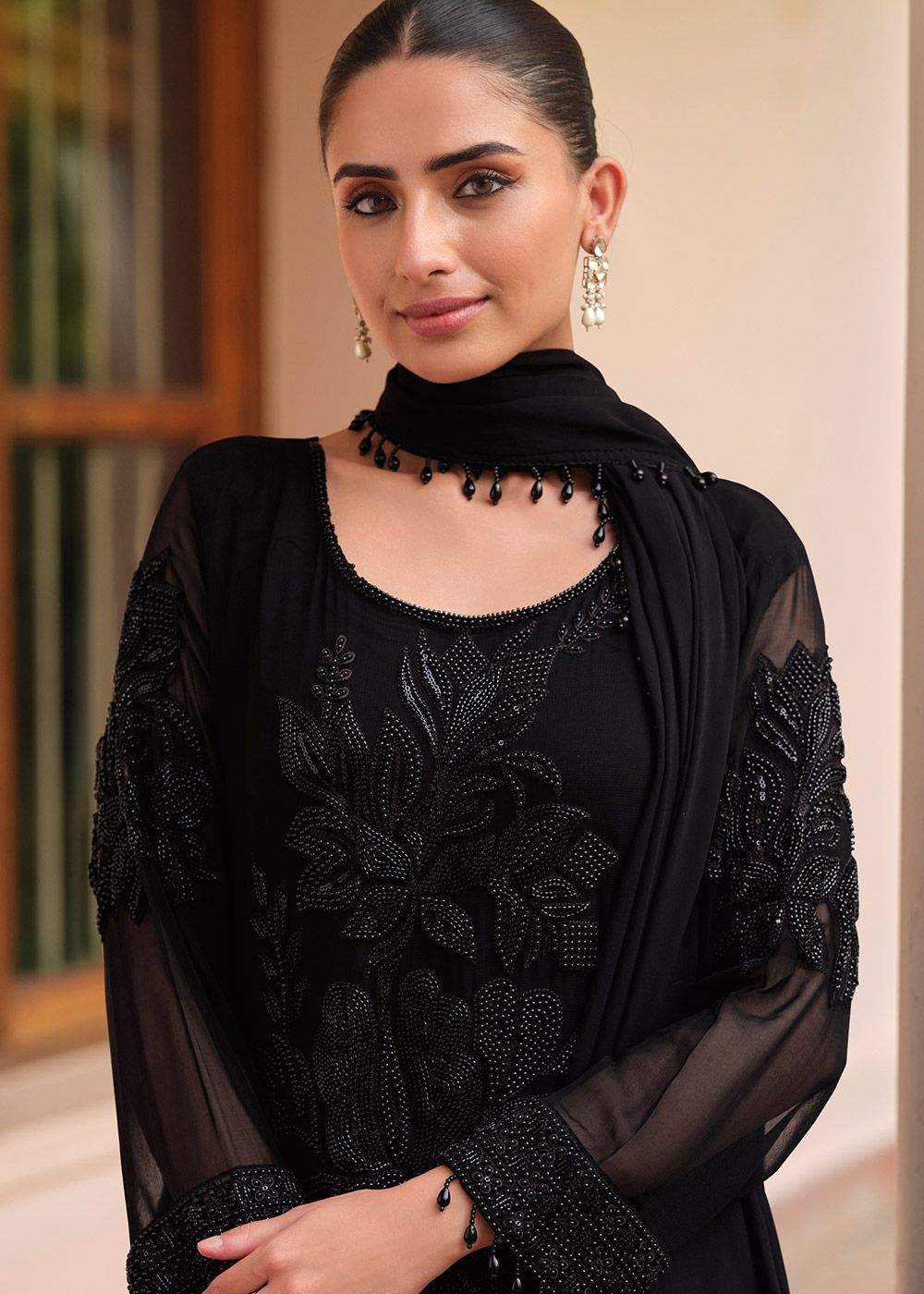 Black Georgette Palazzo Suit With Tone-on-Tone Beads