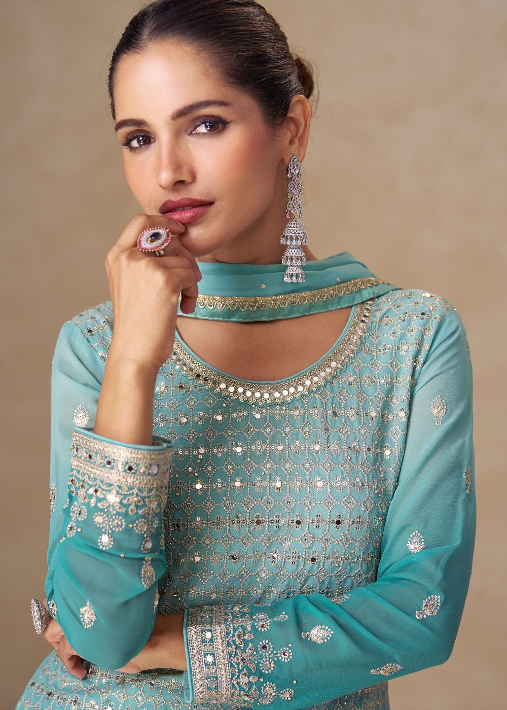 Shaded Blue Georgette Sharara Suit With Mirror Work