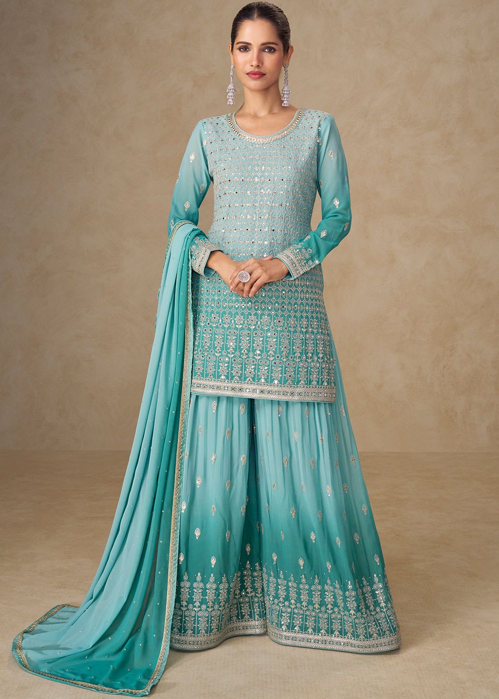 Shaded Blue Georgette Sharara Suit With Mirror Work