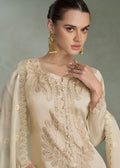 Beige Chiffon Pant Suit With Dori Sequin Work