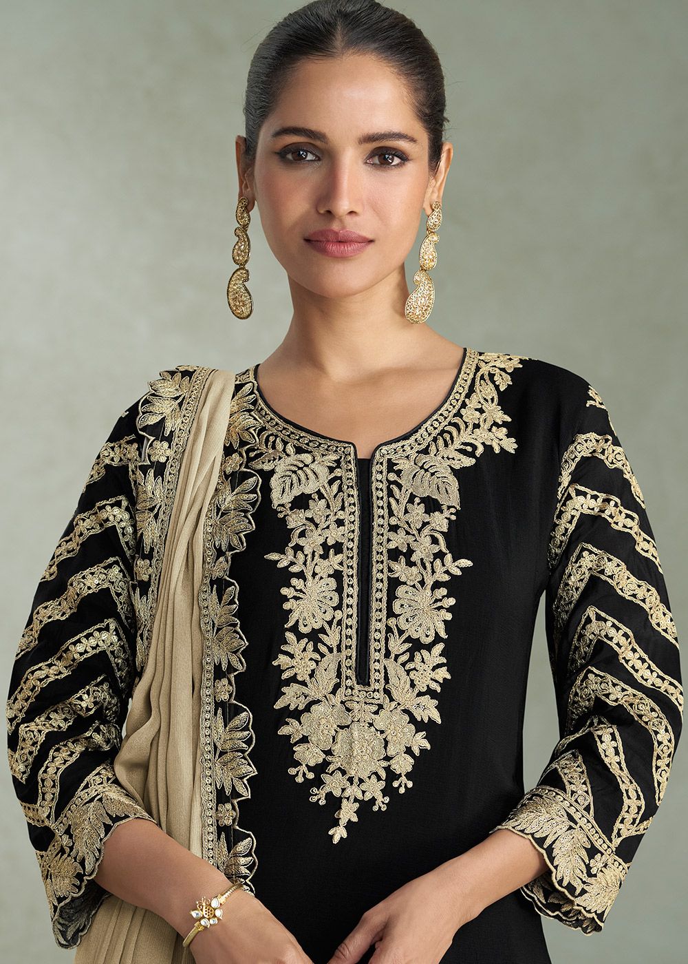 Black Chiffon Palazzo Suit With Gold Embroidery